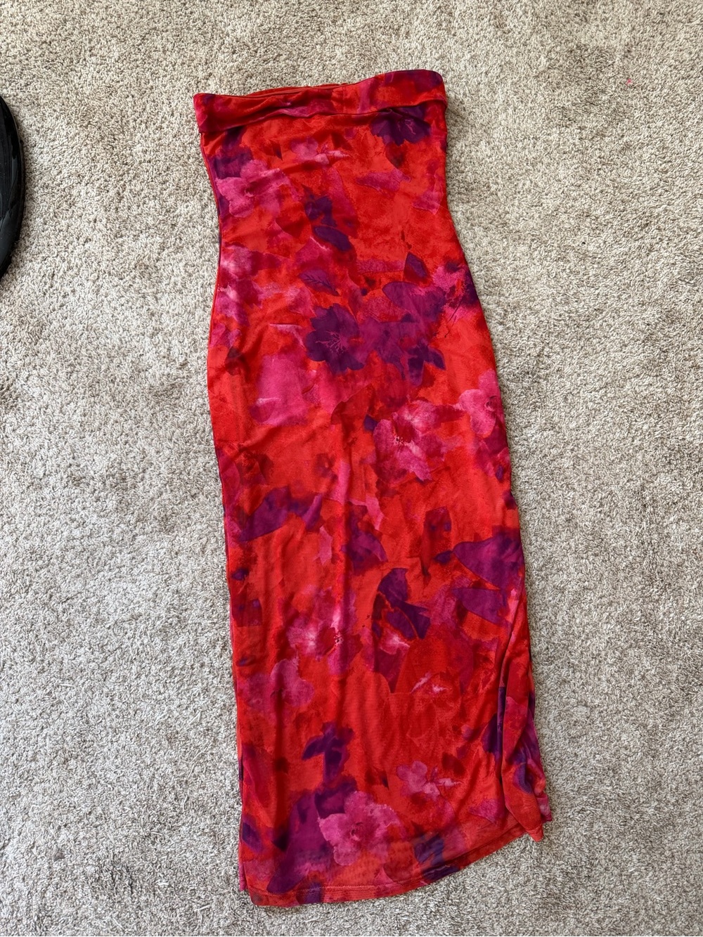 Red Floral Strapless Midi Dress